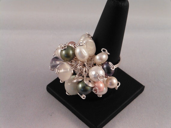 Jadite Cluster Ring Bubble Ring 925 Sterling Silver Plated Copper Wire Size Q Mixed Coloured Fresh Water Pearls
