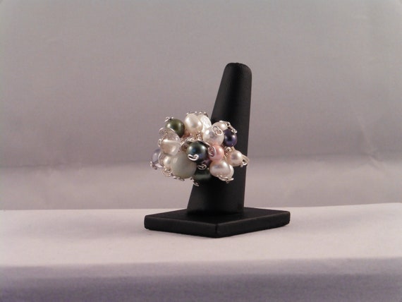 Jadite Cluster Ring Bubble Ring 925 Sterling Silver Plated Copper Wire Size Q Mixed Coloured Fresh Water Pearls