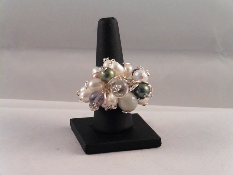 Jadite Cluster Ring Bubble Ring 925 Sterling Silver Plated Copper Wire Size Q Mixed Coloured Fresh Water Pearls