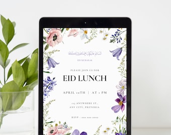 May include: A digital invitation with a floral border in shades of pink, purple, and white. The text reads "Eid Mubarak" and "Please join us for Eid Lunch, April 10th at 1 PM, 123 Anywhere St., Any City, Pretoria. RSVP - 000 000 0000".