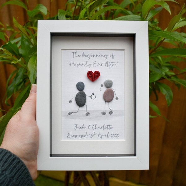 Personalised Engagement Gift, Engagement Pebble Picture, The Proposal, Happily Ever After, Pebble Art, Stone picture
