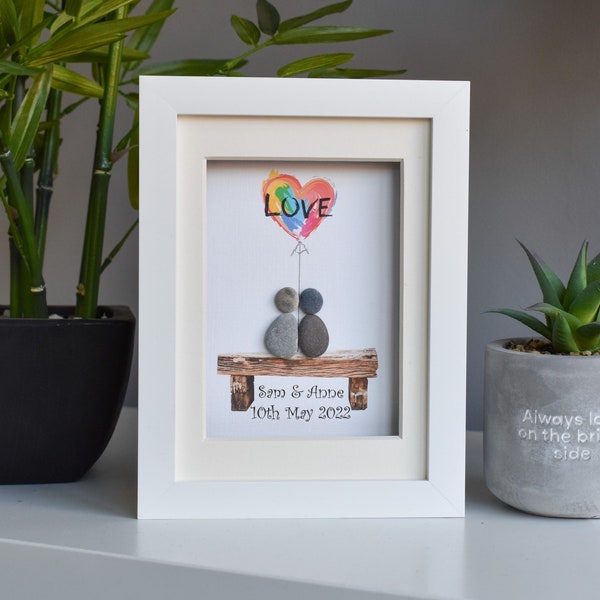 Same Sex Wedding Gift, Wedding Gift Pebble Art, Engagement Pebble Picture, Rainbow Heart, Newlyweds Gift, Unique Gift