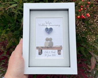 Silver Wedding Anniversary Gift, 25th Wedding Anniversary, Pebble Picture, 25, Twenty Five, Personalised, Pebble Art, Anniversary Gift