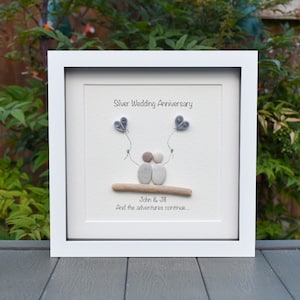 Silver Anniversary Pebble Art - Personalised Framed Gift, Personalized Driftwood Picture