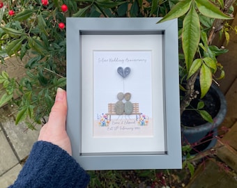 Personalised Silver Wedding Anniversary Gift, 25th Wedding Anniversary Pebble Picture, 25 Years Married, Pebble Art, Stone Picture