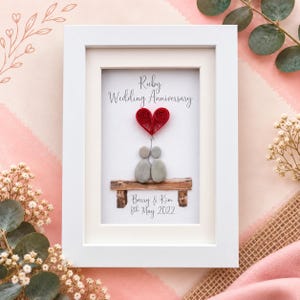 Personalised Ruby Wedding Anniversary Pebble Art Picture, Personalized Frame