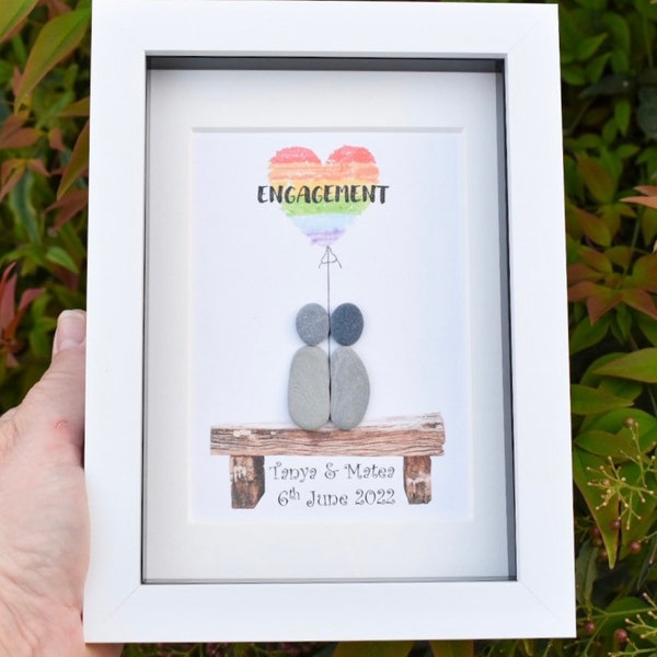 Same Sex Engagement Gift, Engagement Gift Pebble Art, Engagement Pebble Picture, Unique Gift, Gay Engagement Gift, Rainbow Heart