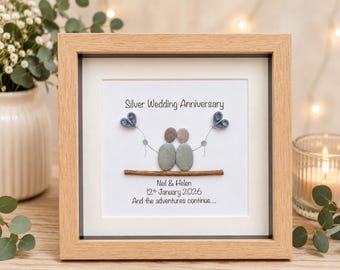 Silver Anniversary Pebble Art - Personalised Framed Gift, Personalized Driftwood Picture, Silver Wedding Gift, 25 Years Anniversary