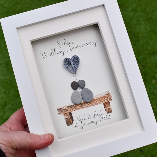 Silver Wedding Anniversary Gift, 25th Wedding Anniversary, Pebble Picture, 25, Twenty Five, Personalised, Pebble Art, Anniversary Gift