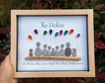 Personalized Family Pebble Art Picture: Custom Driftwood & Quilled Balloons