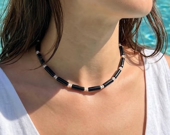 ヴィンテージ ブラック オニキス ビーズネックレス、14K ゴールド装飾