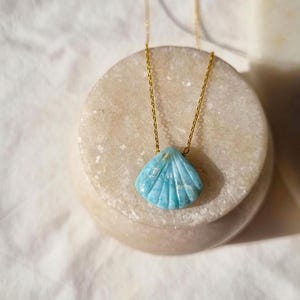 Larimar Shell Pendant Sterling Silver or Gold Plated Brass Chain Necklace for Women Rare Gemstone Ocean Inspired Jewelry