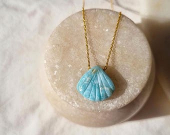 Larimar Shell Pendant Sterling Silver or Gold Plated Brass Chain Necklace for Women Rare Gemstone Ocean Inspired Jewelry