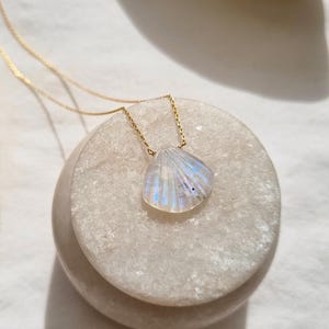 May include: A gold necklace with a seashell pendant displaying iridescent blue and white colours. The pendant hangs from a fine gold chain, placed on a light-coloured stone surface. This is a piece of jewellery.