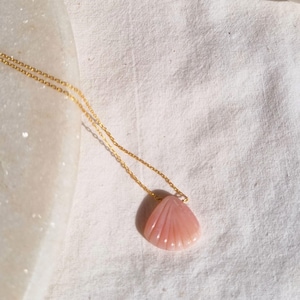 Op de afbeelding: Een gouden ketting met een roze schelpenhanger. De schelp is lichtroze en heeft een textuur. De ketting ligt op een witte stof, met gedroogde bloemen en een marmeren object op de achtergrond.