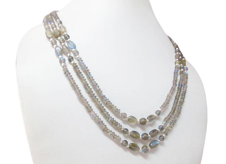 Gift for her Labradorite Jewelry Handmade Labradorite Multi-Strand Beaded Necklace with Sterling Silver Beads Labradorite Necklace