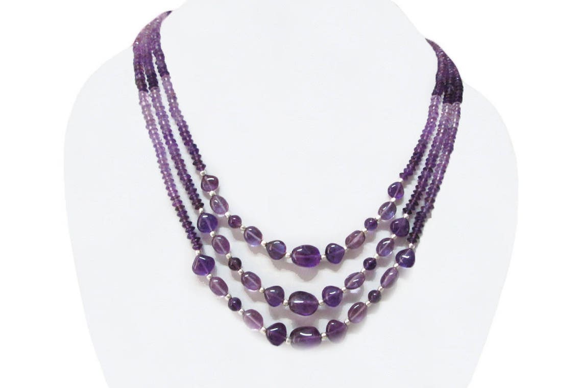 MultiStrand Amethyst Beaded Necklace with 925 Silver & Silk Etsy