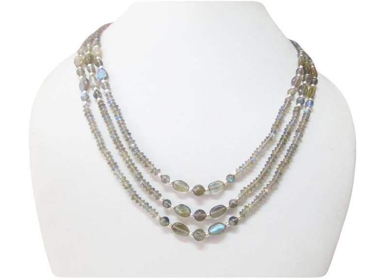 Gift for her Labradorite Jewelry Handmade Labradorite Multi-Strand Beaded Necklace with Sterling Silver Beads Labradorite Necklace