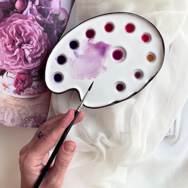 Paleta de cerámica CLÁSICA n.° 4 para mezclar acuarela, óleo, acrílico y gouache. Hecha a mano. Regalos estéticos para artistas.