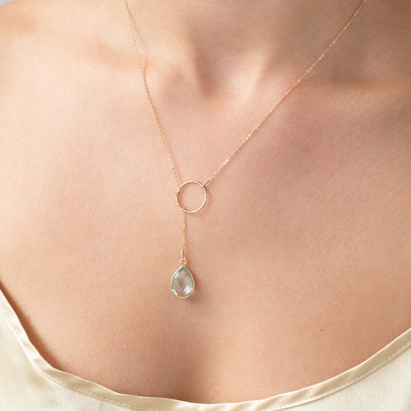 Gold Aquamarine Lariat Necklace, Gem Drop Y Necklace, Plunging Lariat Necklace, Tear drop Y Necklace