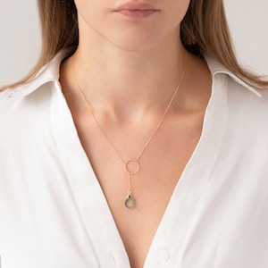Gold Labradorite Lariat Necklace, Gem Drop Y Necklace, Plunging Lariat Necklace, Tear drop Y Necklace