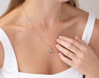 Labradorite Paperclip Statement necklace, Tear Drop Gemstone Necklace, Blue Labradorite Teardrop Pendant
