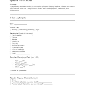 Op de afbeelding: Een printbaar symptoomtracker-journaal met een dagelijkse logboektemplate om symptomen, mogelijke triggers en de voortgang in de loop van de tijd bij te houden. Het journaal bevat secties voor datum, tijd van de dag, symptomen, ernst van de symptomen, duur van de symptomen en mogelijke triggers.