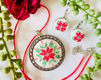 Handmade Embroidered Sets of Necklace&Earrings,Traditional Bulgarian motives and symbols called shevitsa, Unique hand embroidered jewellery