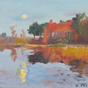 Paisaje de río, Pintura de noche, Arte de paisaje vintage, Obra de arte de río, Paisaje de cielo, Cielo de noche, Arte lunar, Luz de luna, Paisaje acuático, Pintura de luna