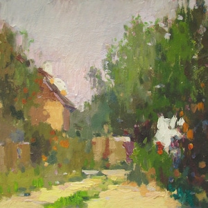 Straßenmalerei, Abendmalerei, ukrainisches Dorf, Sommerölgemälde, Dorfhaus, ukrainischer Künstler
