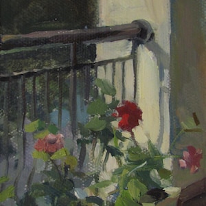 Pelargonio en el balcón, pintura al óleo de pelargonio, pelargonio rosa, flores de balcón, pintura al óleo de geranio, geranios rojos, impresión de geranios