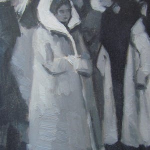 People painting,Genre scene,Socialist realisme,A woman in a fur coat,Black and white painting,Minimalist Wall Decor