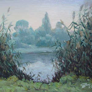 Mattina sul fiume,Pittura del lago,Paesaggio di canne,Palude,Paesaggio ucraino,Fiume ucraino,Paesaggio fluviale,Canne sulla riva del fiume