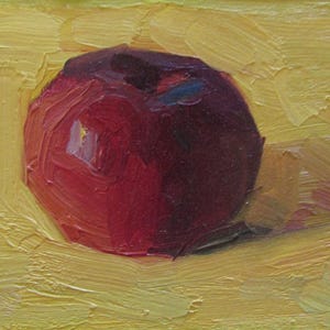 Pintura al óleo de manzana amarilla, Pintura de comida, Pintura de frutas, Manzana roja, Bodegón con frutas