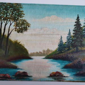 Dipinto di fiume, Scena di fiume, Paesaggio con nuvole, Dipinto d'epoca di nuvole, Dipinto di paesaggio d'epoca