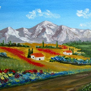 Cuadro de montaña, Cuadro de cielo azul, Cuadro de flores azules, Paisaje de verano, Casa con techo rojo