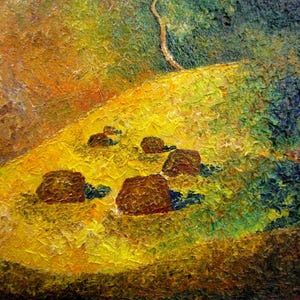 Cuadro de almiares, campo de trigo con gavillas, paisaje con niebla, paisaje de estepa, cuadro de tarde, tarde de verano, paisaje de verano