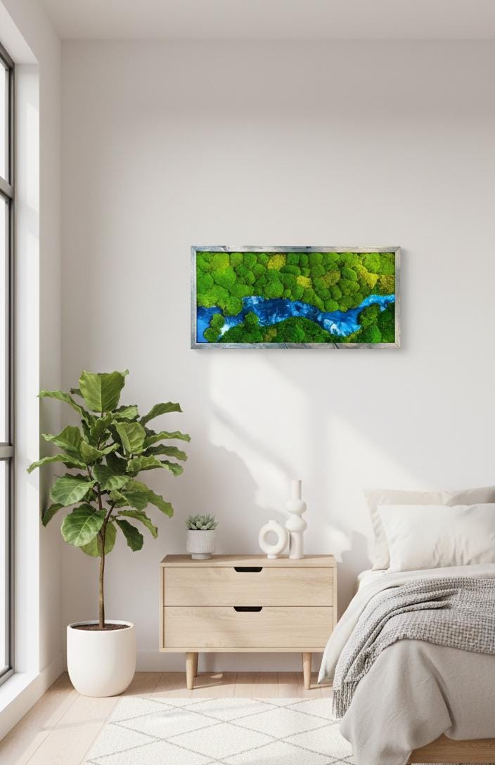 Preserved Moss Wall Art: Ocean Resin River, Green Plant Panel