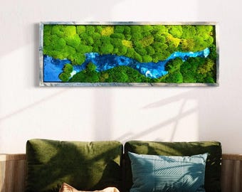 Preserved Moss Wall Art: Resin Ocean, Rustic Wood Frame