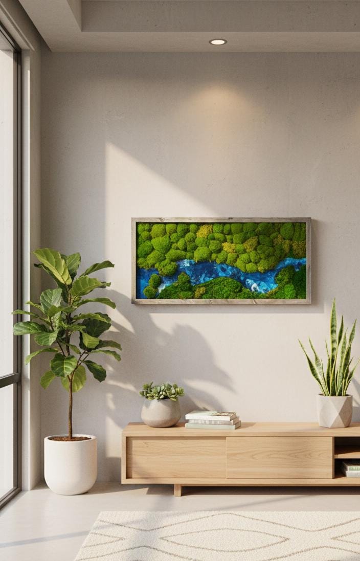 Preserved Moss Wall Art: Ocean Resin River, Green Plant Panel