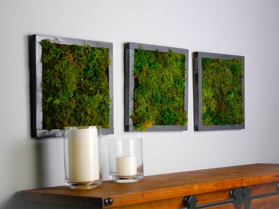 Vertical Moss Living Wall Moss Art Wall Decor Preserved Moss Framed Artwork 3 Panel Triptych Green Wall Art