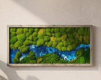Preserved Moss Wall Art, Ocean Resin River, Green Plant Panel (50x18), Moss home decor, framed resin wall hanging