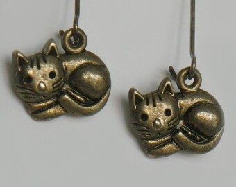 Cat Earrings Tiny Antique Gold Color Dangle Earrings Vintage Jewelry Ear Wires