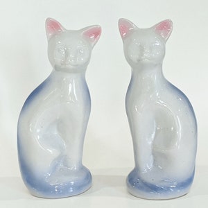 Cat Figurines White Blue Ceramic Cats Statues China Cats Pair Vintage Large Cat Figurines Mantle Decor