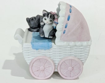 Cat Music Box "It's a Small World" Kittens Baby Carriage Ceramic Pink Blue Gray Tiger Kittens Vintage Windup Music Box Cat Lover Music Box