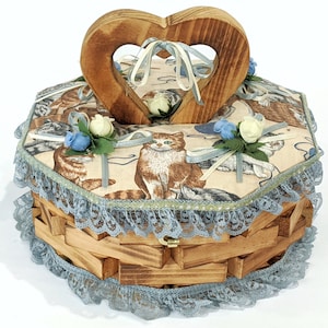 Cat Basket Cat Fabric Heart Handle Blue Lace Rosebud Natural Wood Solid Wood Basket Hinge Lid Sewing Box Craft Storage Basket Cat Lover Gift