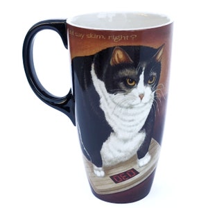 Cat Mug Latte Cup "I Did Say Skim Right?" Tuxedo Cat Weight Scale Ceramic Cup 18 Oz Latte Mug