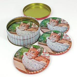 Cat Coasters: Yellow Tiger Kitten–Round Set of 6–Cork Backs–Storage Tin