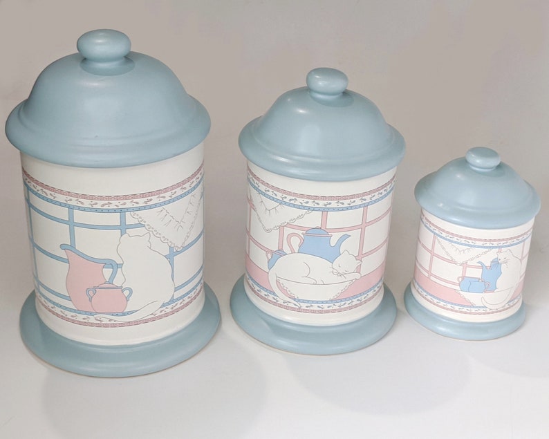 Cat Canister Set White Pastel Blue Pink Ceramic Canisters Etsy