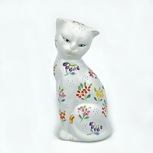 Cat Figurine White Sitting Cat Large Ceramic Statue Pink Purple Yellow Red Floral White Cat Gold Accents Vintage Figurine Cat Lover Gift